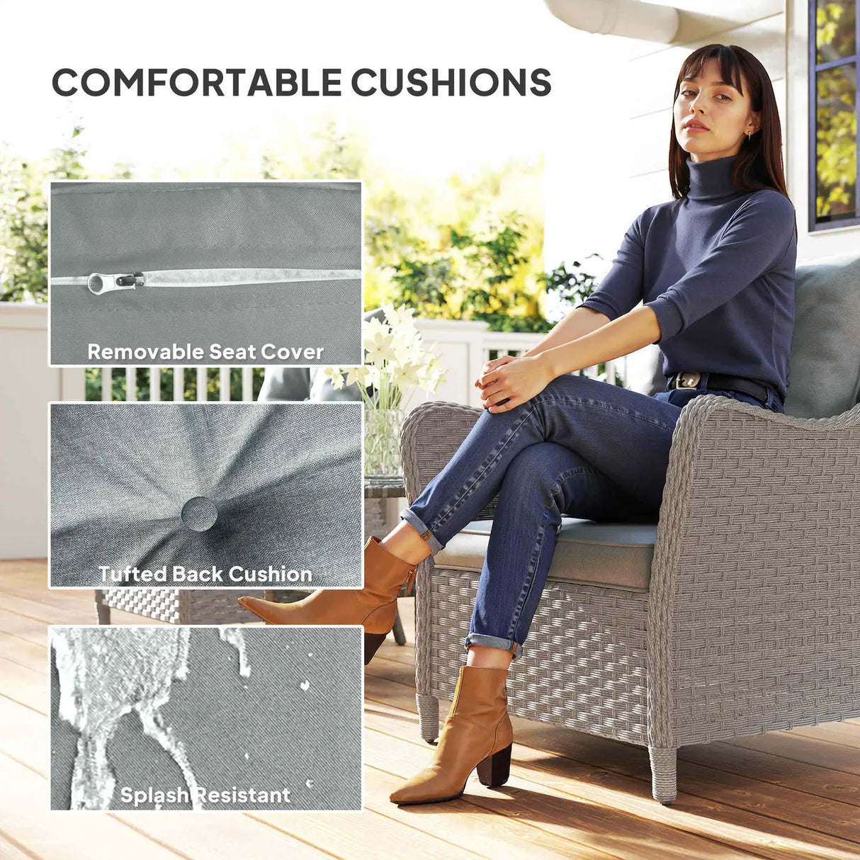 Outsunny Rattan Garden Chairs Set of 2, Outdoor Rattan Chairs with Cushions, Armrests and High Back, PE Wicker Garden Armchair with Steel Frame for Balcony, Porch, Light Grey