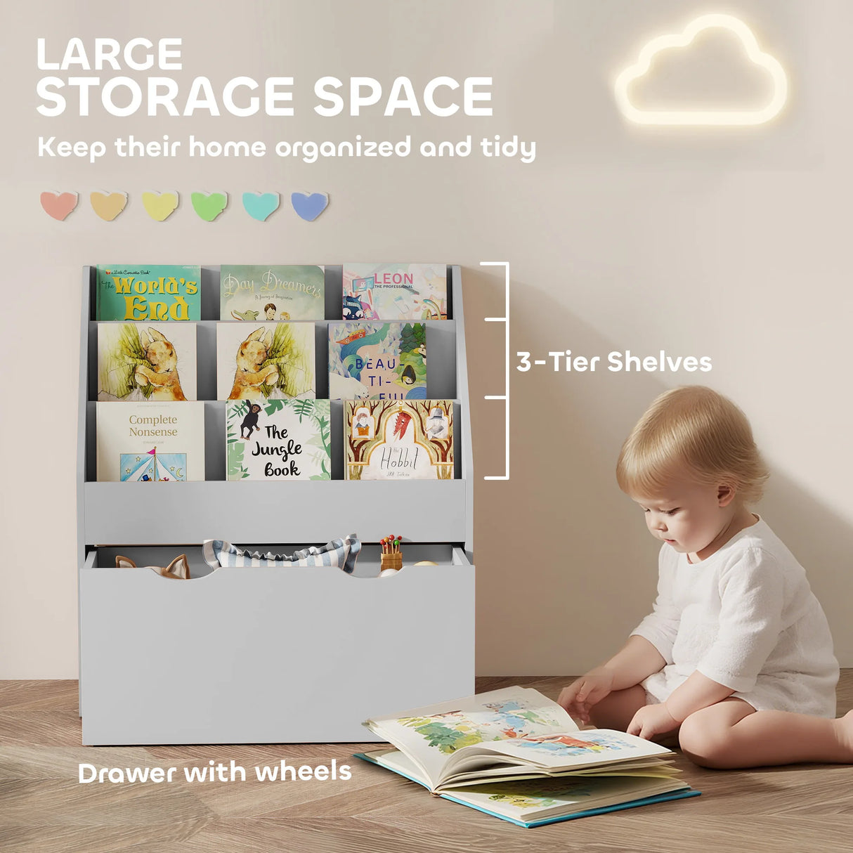 AIYAPLAY Bookcase for Kids with Shelves, Drawer, Bookcase for Bedroom, Playroom, Grey