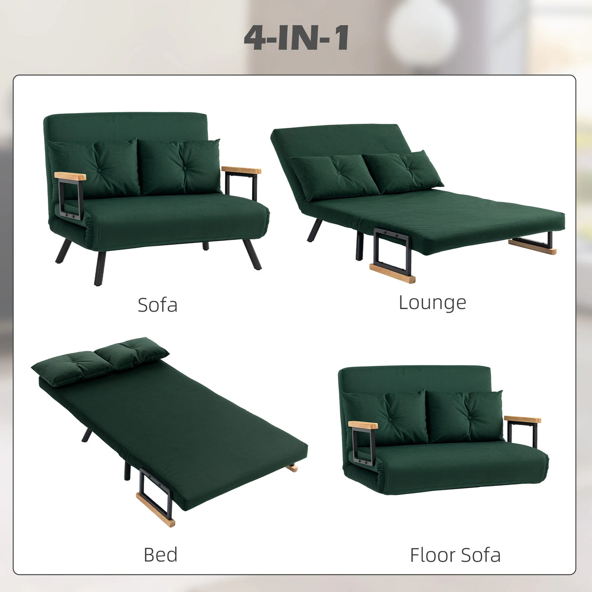 HOMCOM 4-in-1 Velvet-Feel Double Sofa Bed, with Pillows - Green
