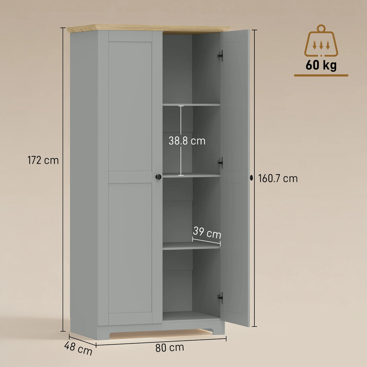 HOMCOM Kitchen Cupboard, 172cm Freestanding Storage Cabinet with Doors and Shelves, Grey