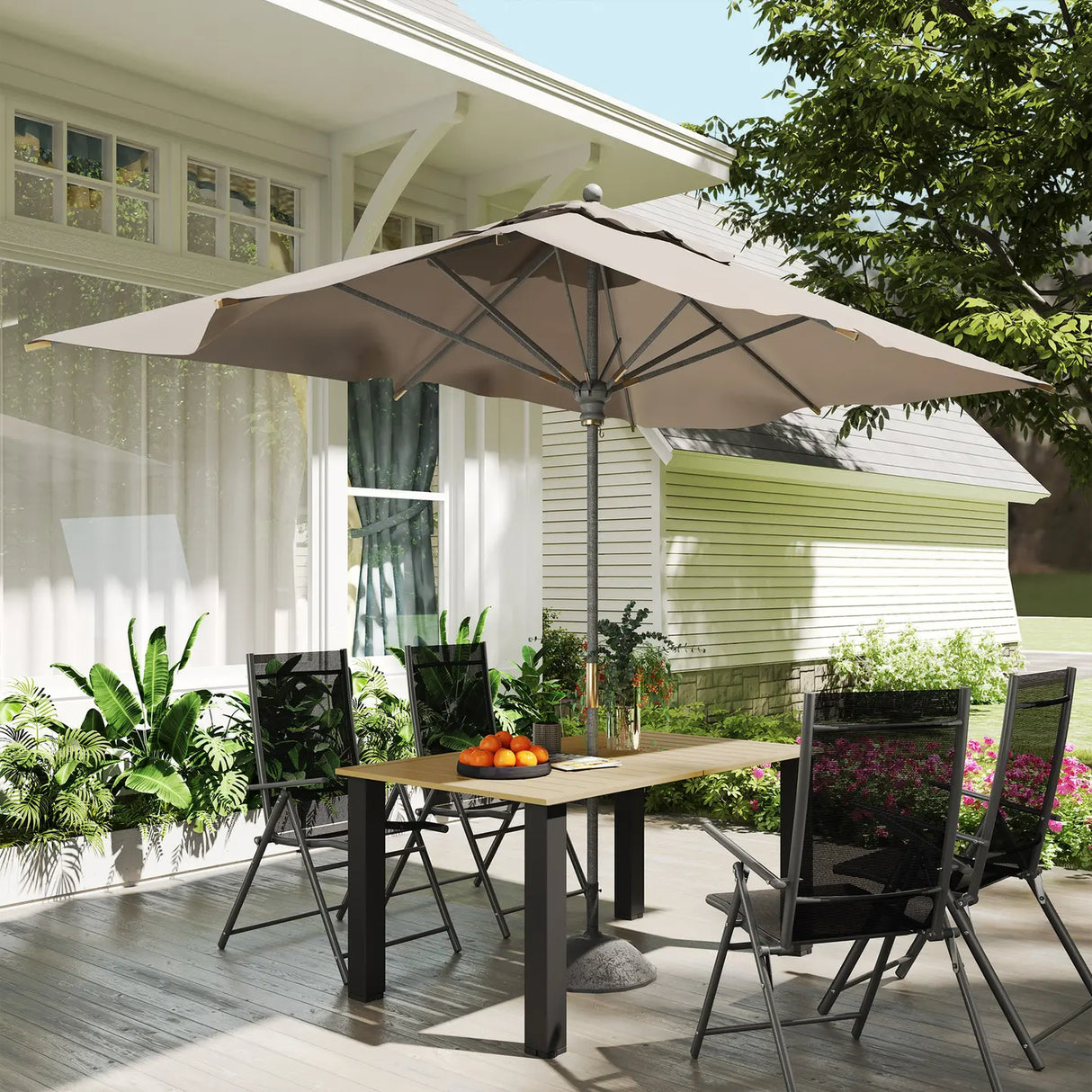 Outsunny Garden Dining Table for 6 with Parasol Hole, Rectangle Outdoor Garden Table with Slatted Metal Top, Steel Frame, Brown