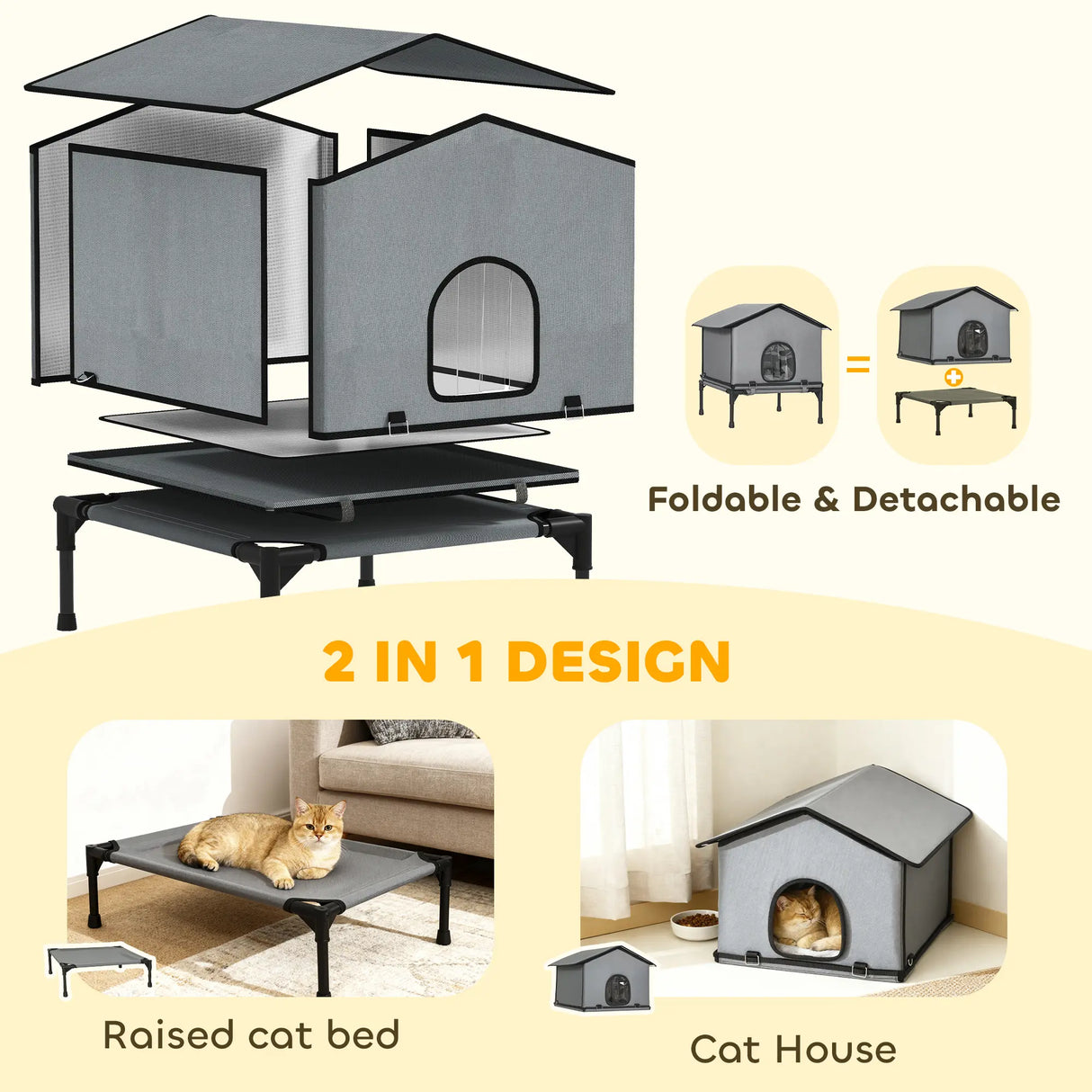 PawHut Outdoor Cat House, Waterproof Insulated Cat Kennel with Elevated Base, Foldable Feral Kitty Shelter for Kittens, Grey