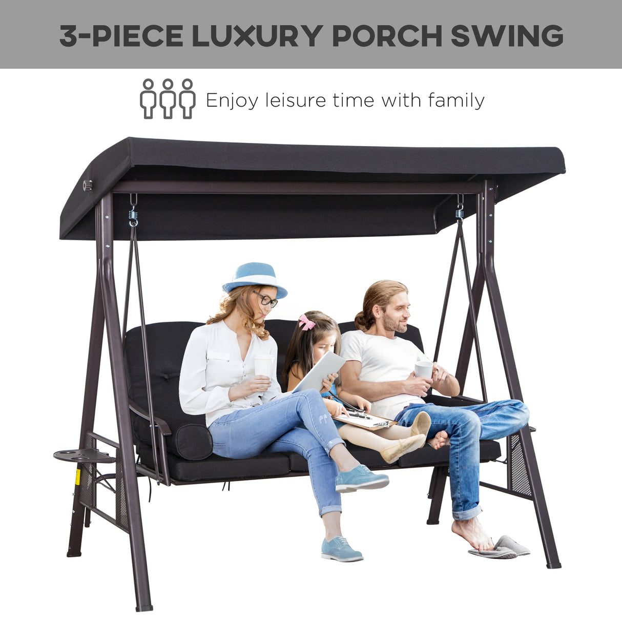 Outsunny Swing Chair Hammock Chair 3 Seater Canopy Cushion Shelter Outdoor Bench Black