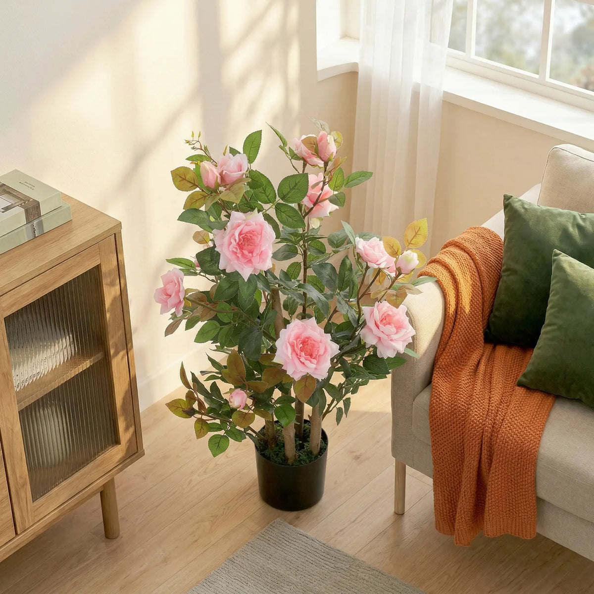 HOMCOM 90cm Artificial Rose Tree, Decorative Fake Plant with 344 Silk Leaves 17 Flowers for Outdoor Indoor Decor, Pink