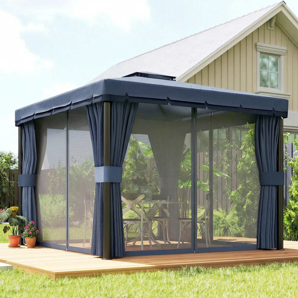 Outsunny 3 x 3(m) Patio Gazebo Canopy Garden Pavilion Tent Shelter Marquee with 2 Tier Roof, Netting and Curtains, Dark Blue
