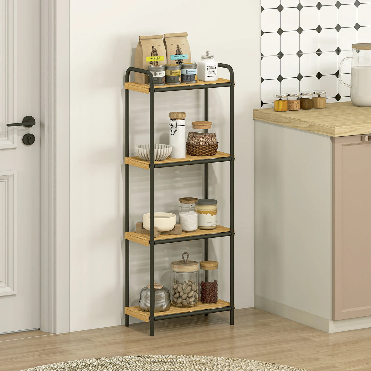 HOMCOM 4-Tier Bamboo Bathroom Storage Shelf, Freestanding Narrow Shelving Unit with Slatted Shelves for Kitchen Bathroom Living Room, 41.5 x 21.5 x 106 cm, Natural and Black