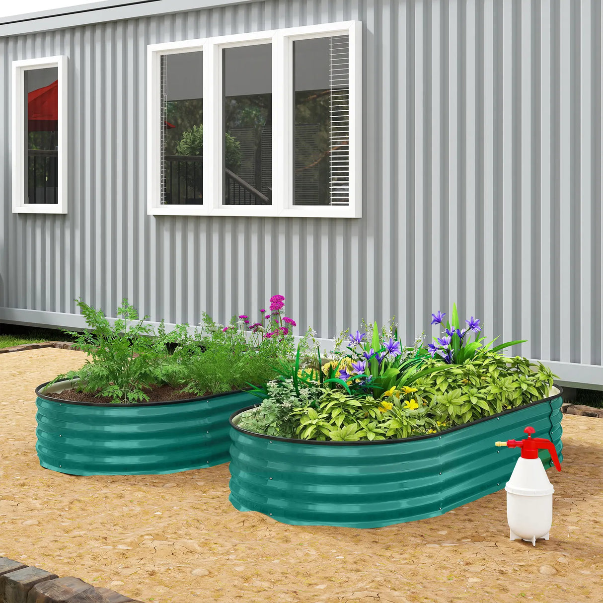 Outsunny Galvanised Raised Garden Bed, Metal Planter Box with Safety Edging, for Flowers, Herbs, Succulents, Light Green