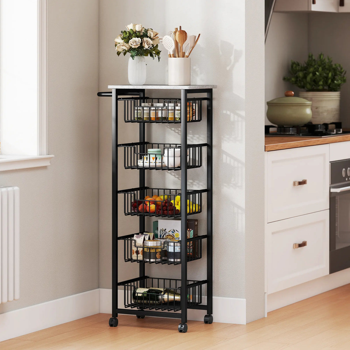 HOMCOM Five Basket Mobile Kitchen Island, with Brakes - Grey/Black