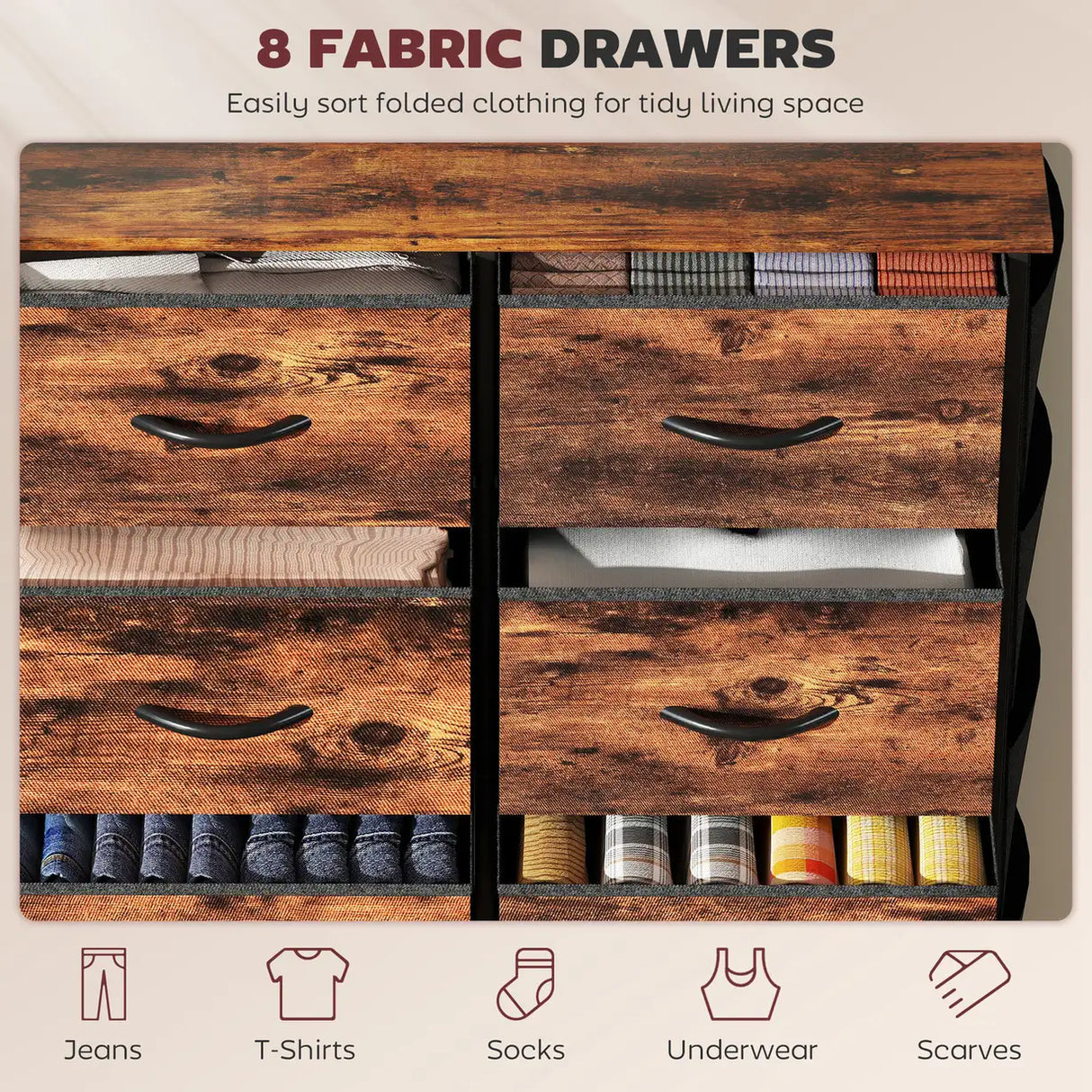 HOMCOM Chest of Eight Fabric Drawers - Rustic Brown