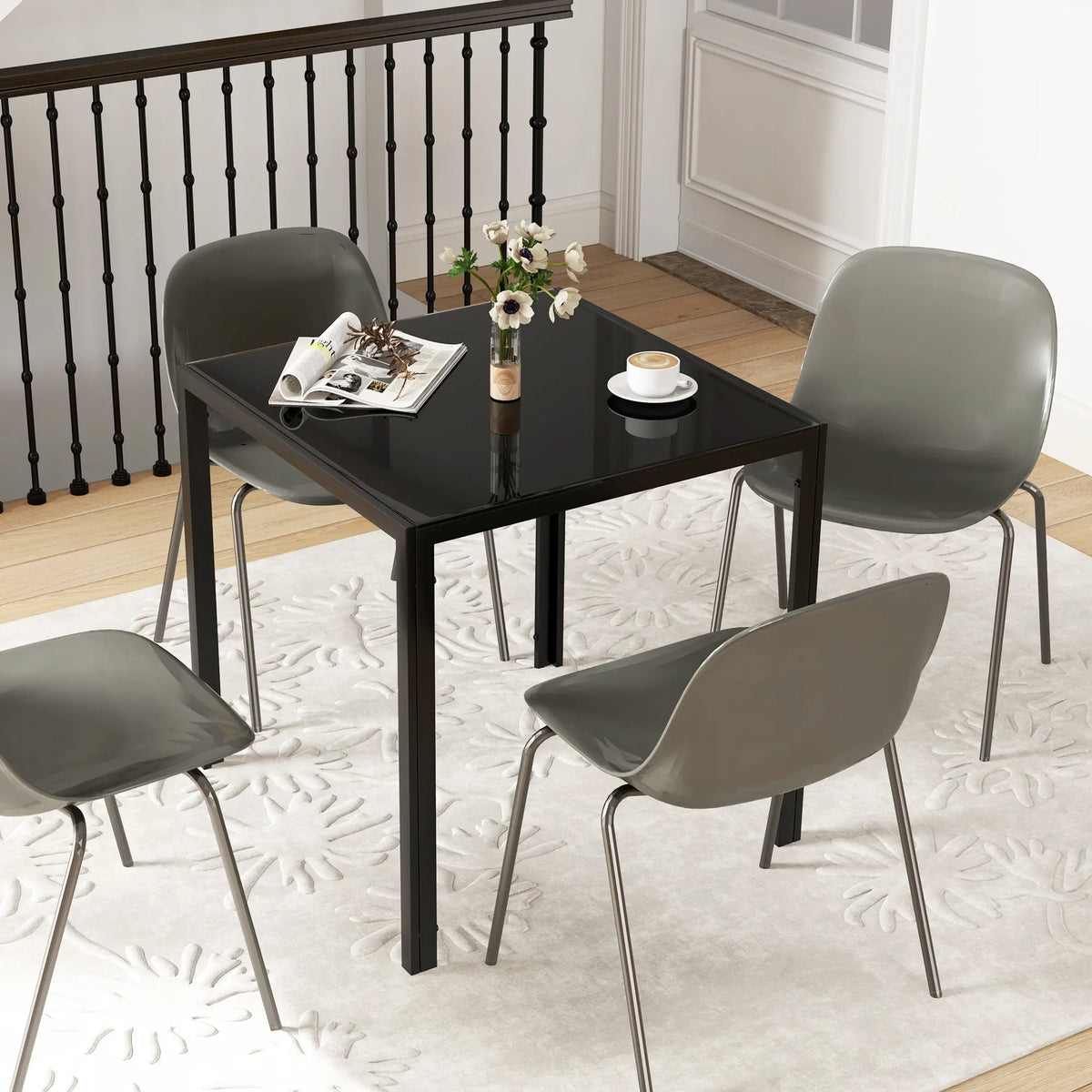 HOMCOM Modern Square Dining Table for 2-4 People, with Glass Top & Metal Legs, Black