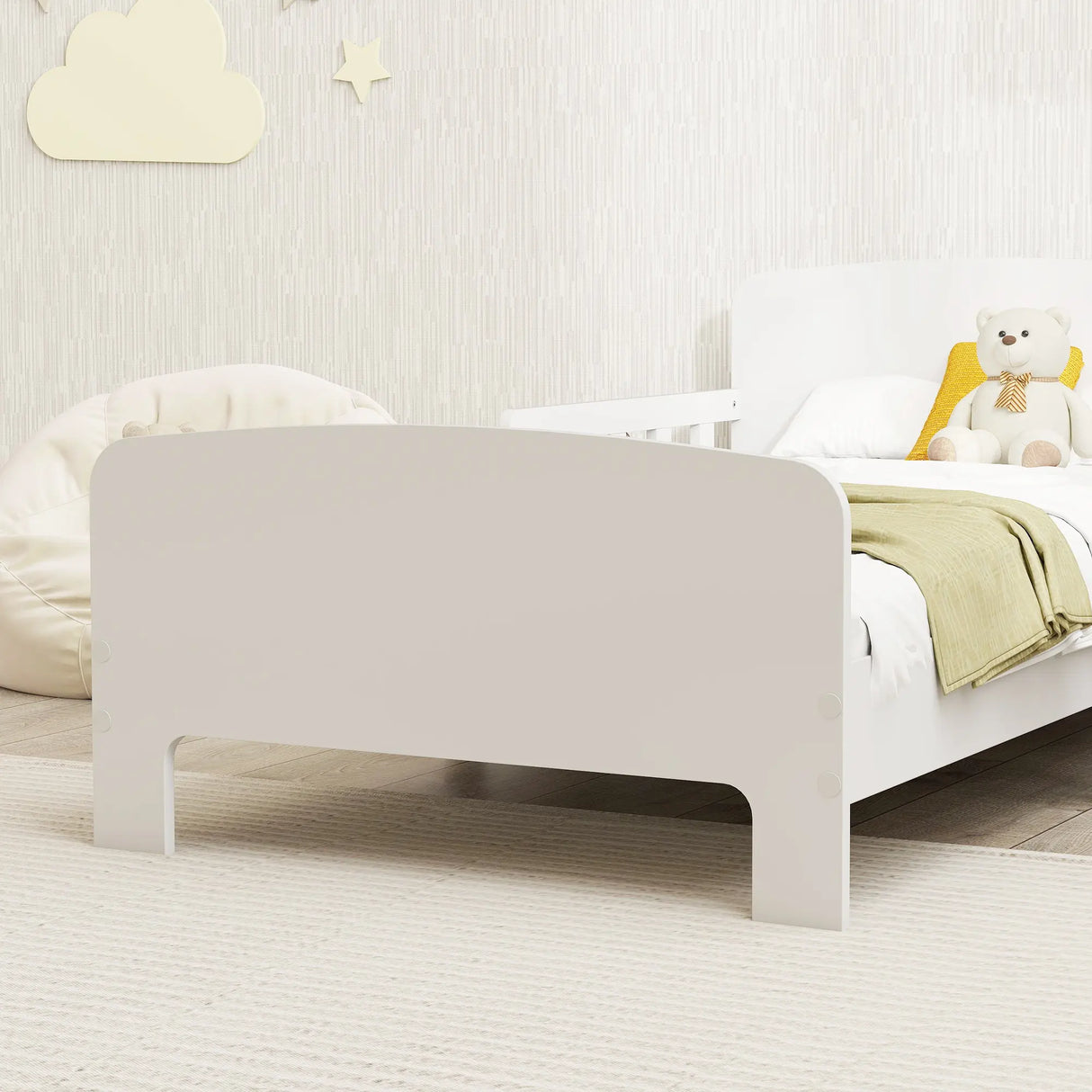 AIYAPLAY Toddler Bed, Kids Bed Frame with Safety Side Rails, Kids Bedroom Furniture for Ages 3-8 Years, White