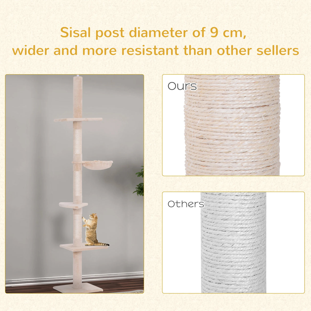 PawHut Floor to Ceiling Cat Tree Height Adjustable 230-260cm, 5-Tier Cat Tower with Scratching Post, Hammock, Perches, Climbing Activity Centre for Indoor Kittens, Beige