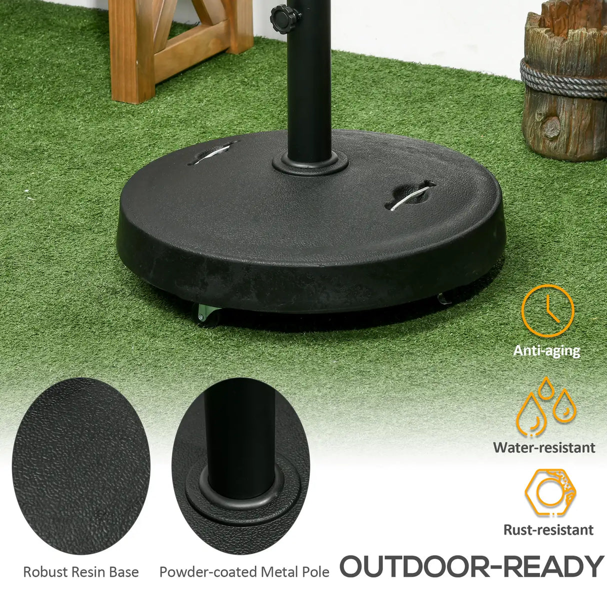 Outsunny 23.5kg Resin Garden Parasol Base with Wheels and Retractable Handles, Round Outdoor Market Umbrella Stand Weight for Poles of 38mm to 48mm, Black