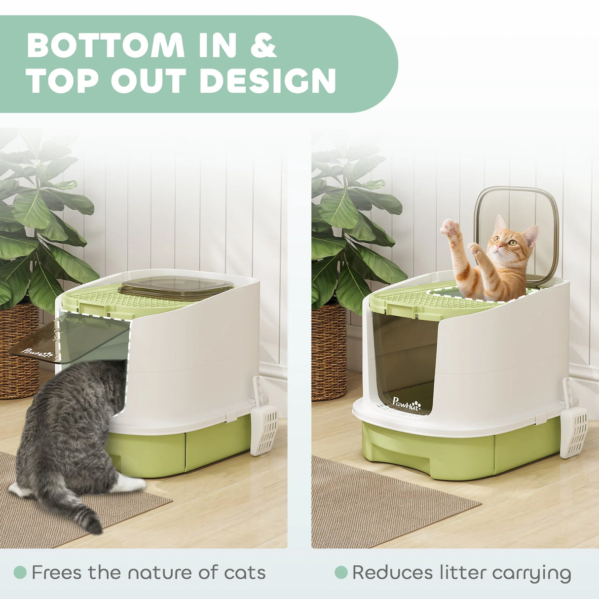 PawHut Cat Litter Box with Lid, Scoop, Deodorisation Bags, Top Entry, Green