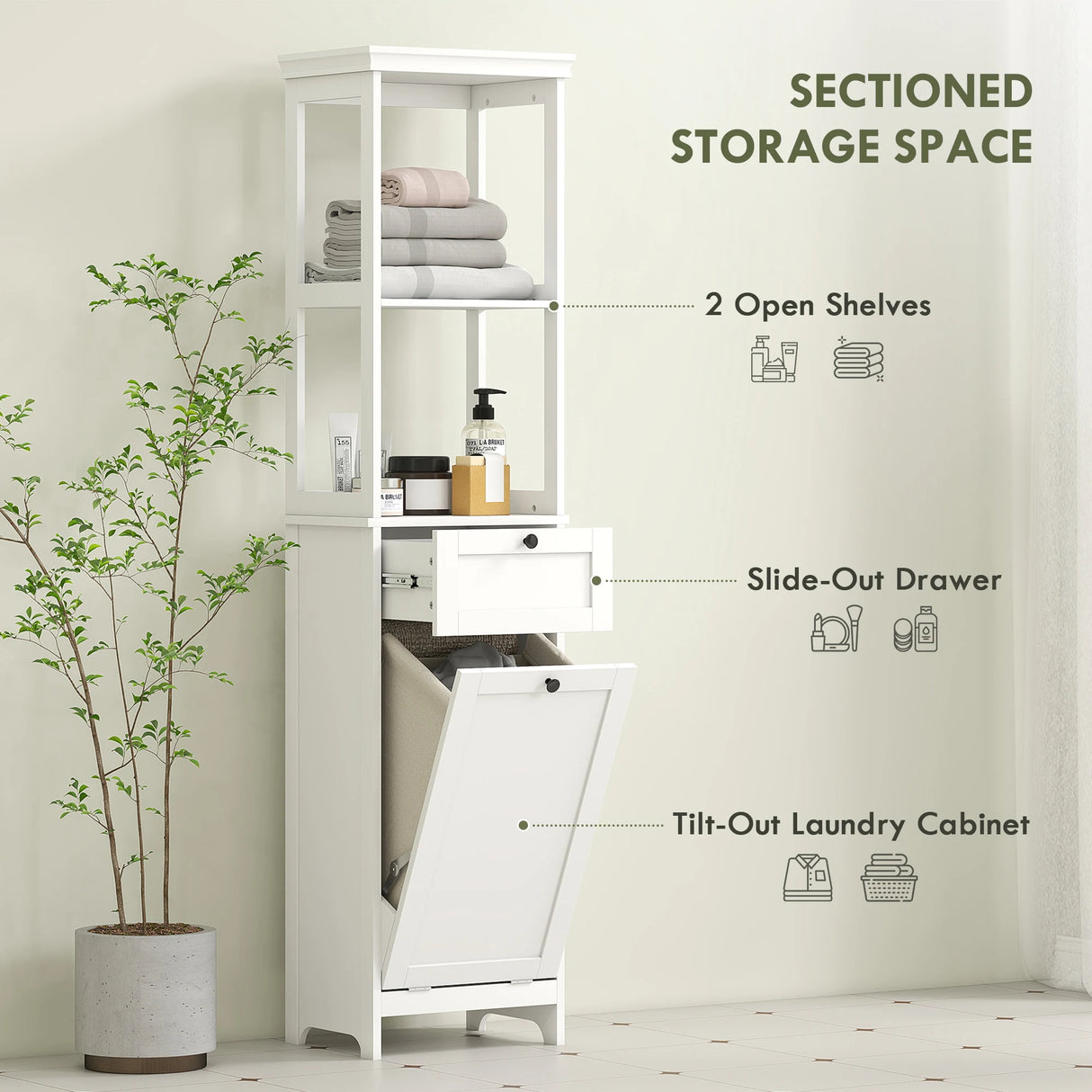 HOMCOM Tall Bathroom Cabinet, with Laundry Basket - White