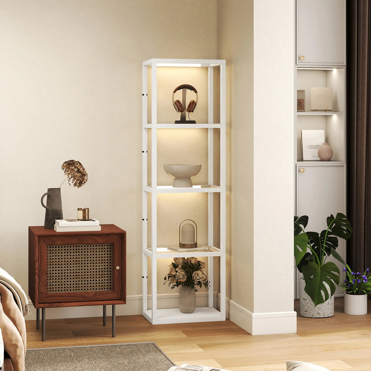 HOMCOM LED Floor Lamp with Glass Shelves, 4 Layers Dimmable Tall Standing Lamp, Modern Column Shelf Floor Light for Living Room, Bedroom, Office, White
