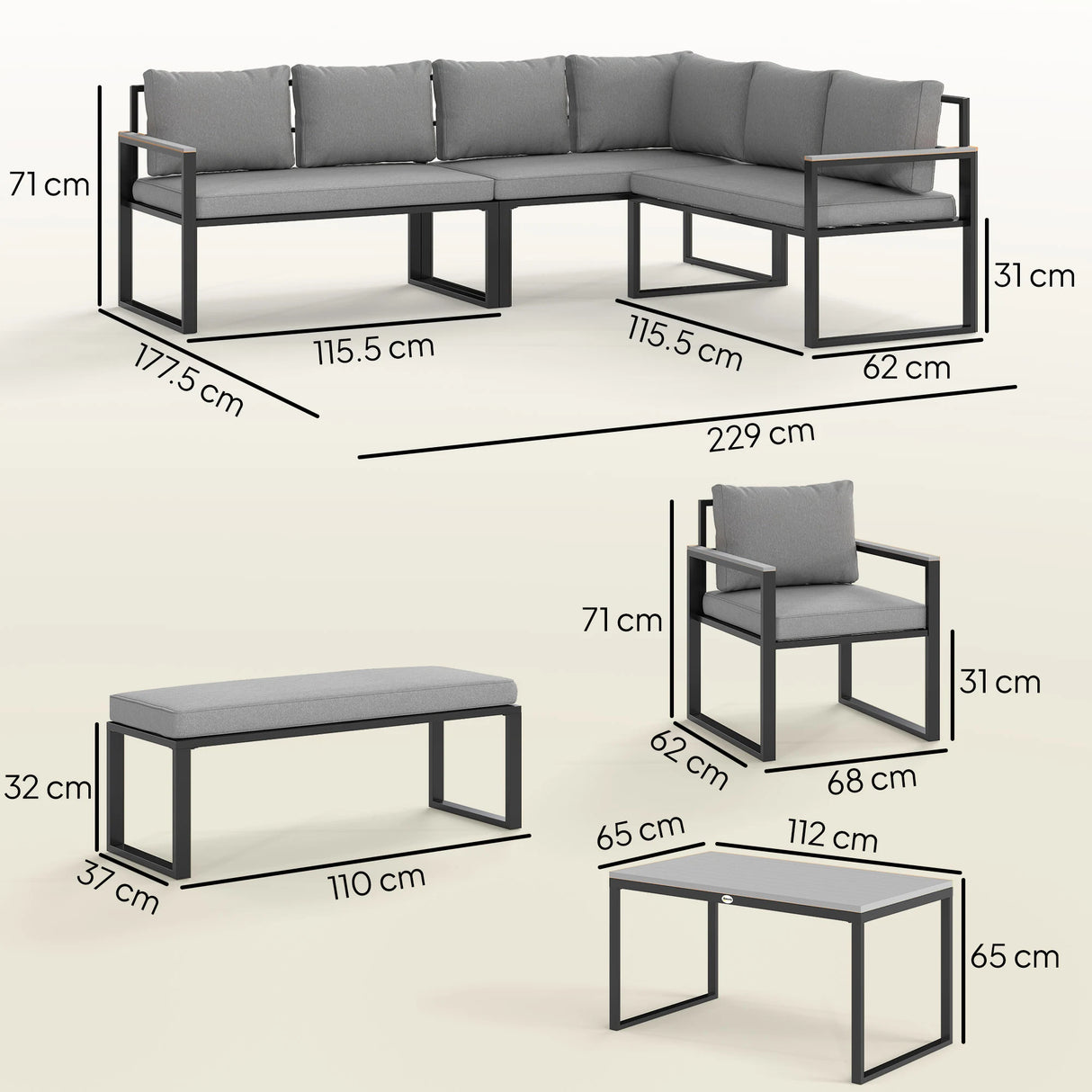 Outsunny Six Piece L Shaped Garden Furniture Set with 3 Loveseats - Grey