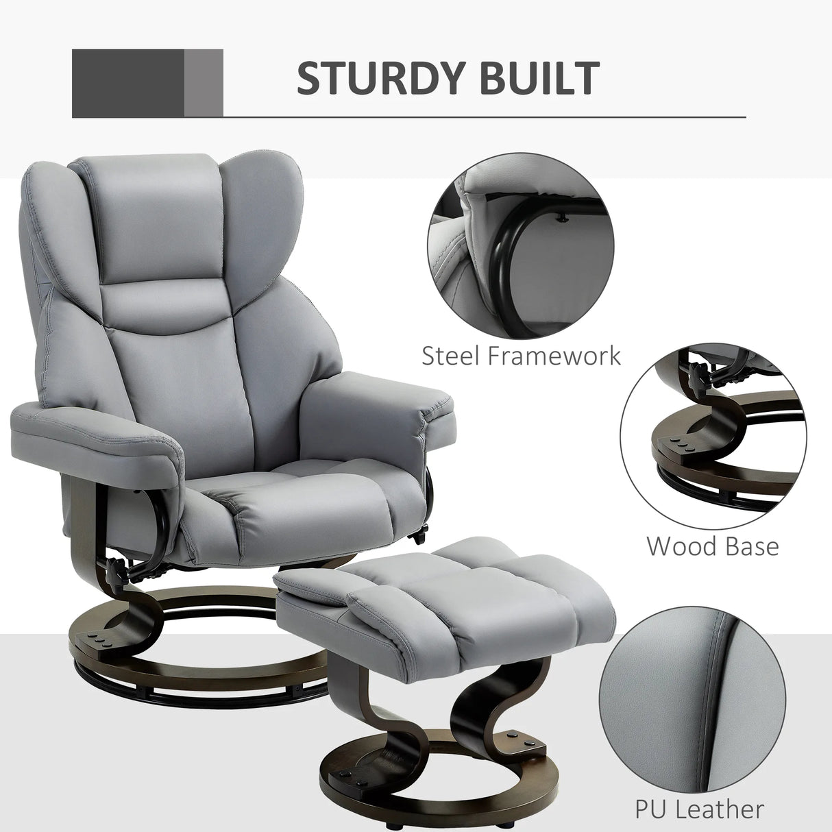 HOMCOM 360 Swivel Recliner Chair with Footstool, PU Leather Manual Recliner Armchair with Footstool, Solid Wood Base, Upholstered Reclining Chair for Living Room, Bedroom, Office, Light Grey