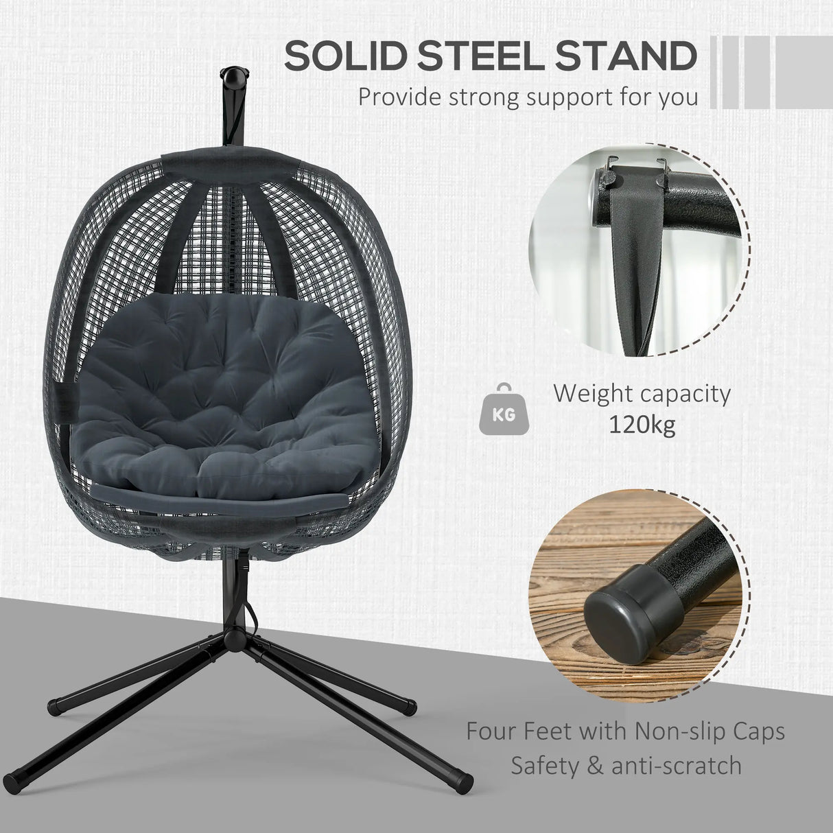 Outsunny Outdoor Swing Chair with Thick Padded Cushion, Patio Hanging Chair with Metal Stand, Egg Chair with Foldable Basket, Cup Holder, for Indoor and Outdoor, Dark Grey