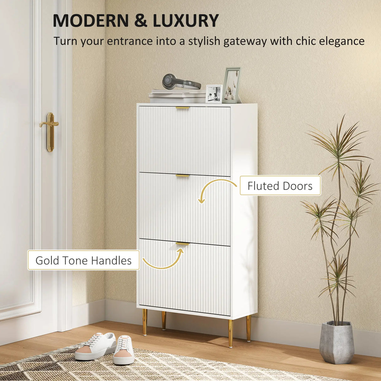 HOMCOM Narrow Shoe Cabinet with 3 Flip Drawers - White