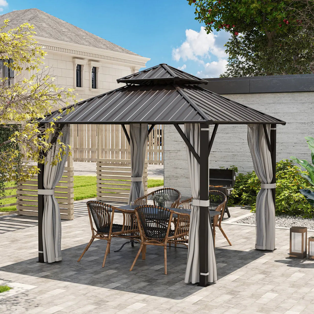 Outsunny 3 x 3(m) Hardtop Gazebo Canopy with Double Metal Roof, Waterproof Permanent Pavilion Garden Gazebo with Netting and Curtains, Easy to Assemble