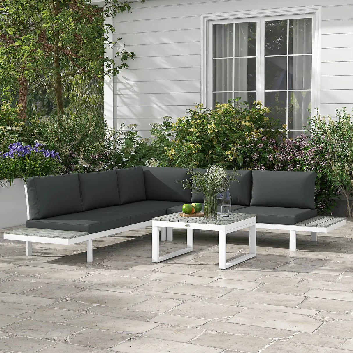 Outsunny 4 Pieces Garden Furniture Set, 5-Level Reclining Garden Corner Sofa Set, Outdoor Lounge Conversation Sectional with Cushions, Wood Effect Plastic Table, White Frame & Grey Cushion