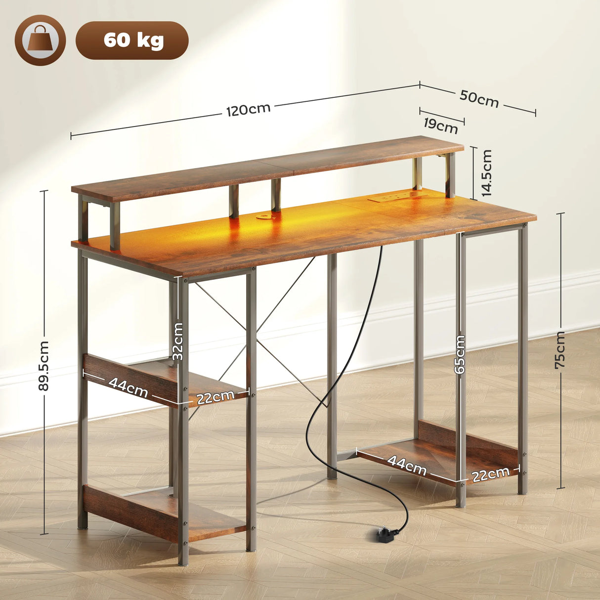 HOMCOM LED Computer Desk, with Power Outlets and Shelves - Rustic Brown