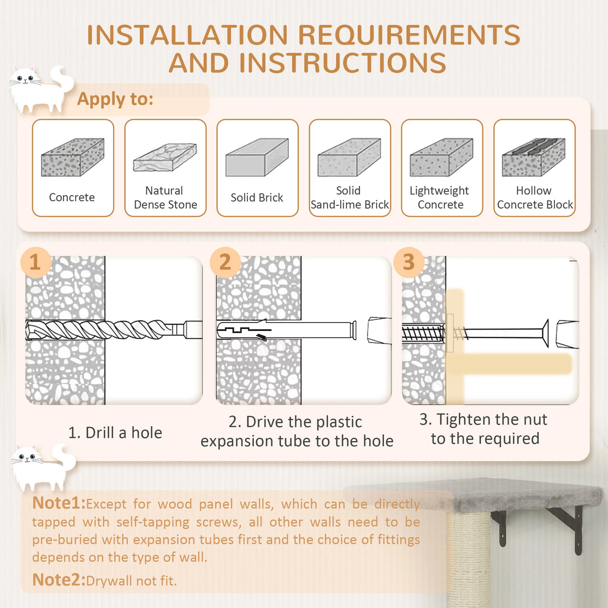 PawHut 6-Piece Cat Wall Shelves Set with Condo, Cat Wall Furniture with Platforms, Sisal Scratching Post, Bed, Toy Ball, Grey