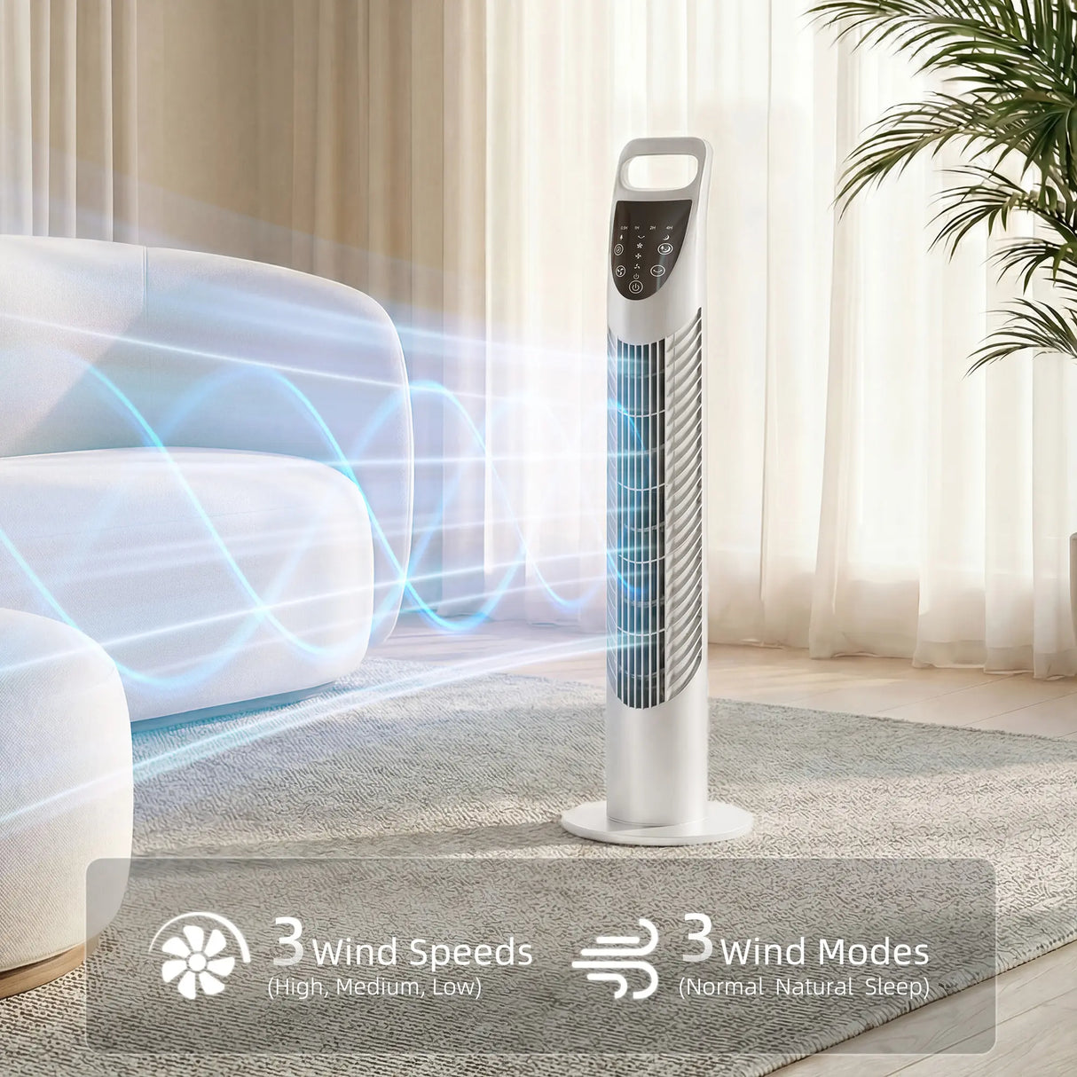 HOMCOM Tower Fan Oscillating 3 Speeds 3 Winds 40W w/ RC Timer Quiet - White