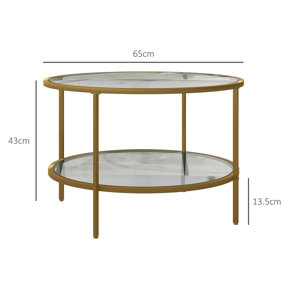 HOMCOM Round Coffee Table with Storage, 2-Tier Tempered Glass Coffee Table with Steel Frame for Living Room, Gold Tone