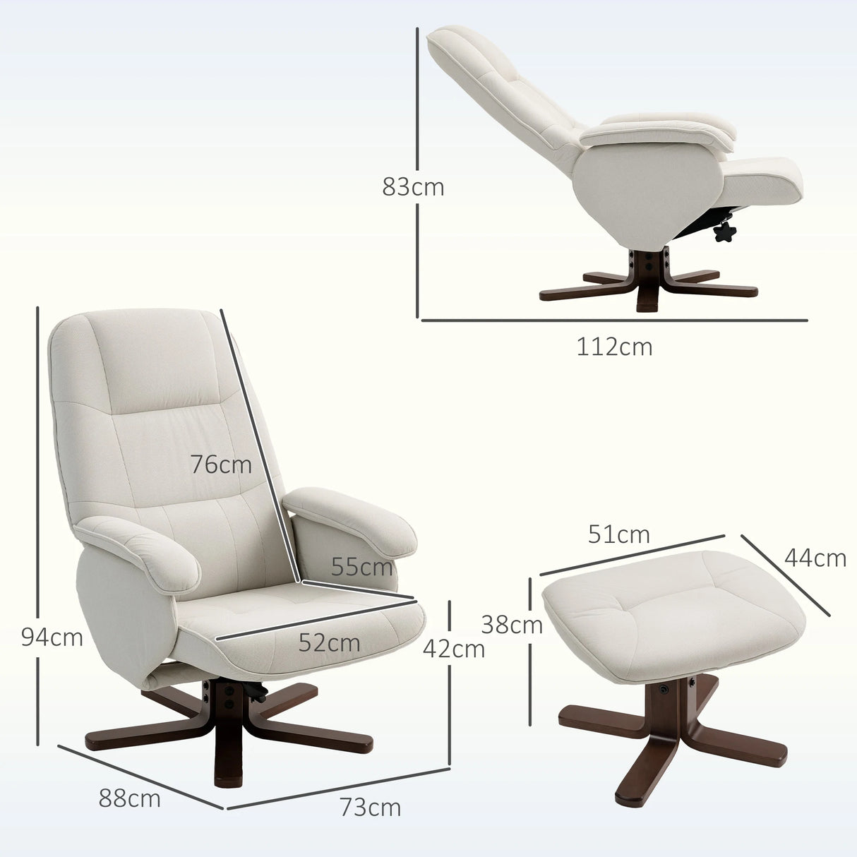 HOMCOM Linen Swivel Recliner Chair with Footstool, Upholstered Reclining Armchair with Wooden Base for Living Room, Beige