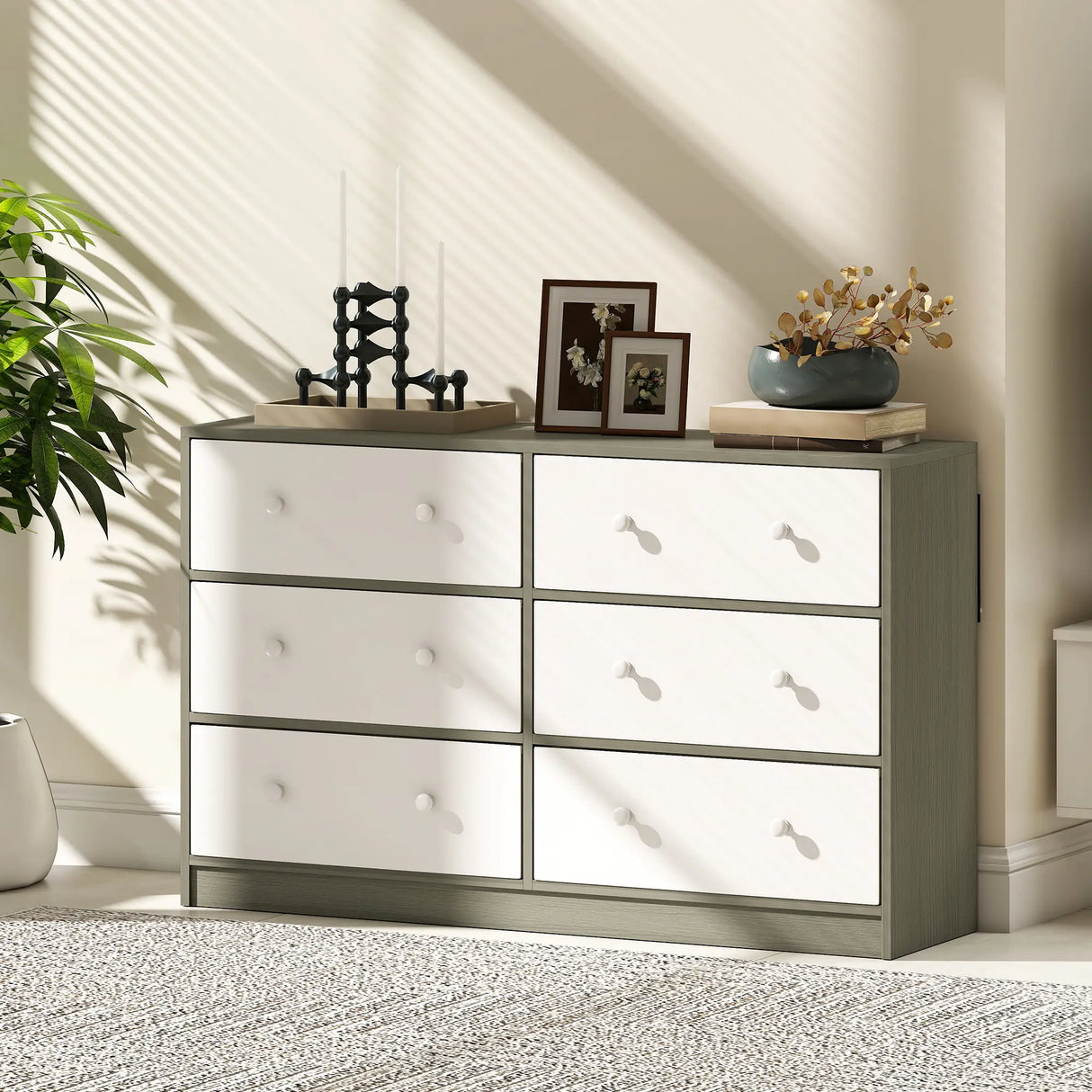 HOMCOM Chest of Drawers, Dresser with 6 Fabric Drawers - White and Grey
