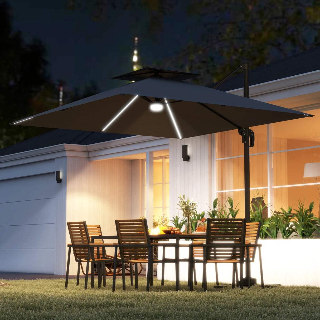 Outsunny 2.5m Cantilever Parasol with Solar Powered LED Lights, 360 Rotation, Tilt Adjustment, Crank Handle, Dark Grey