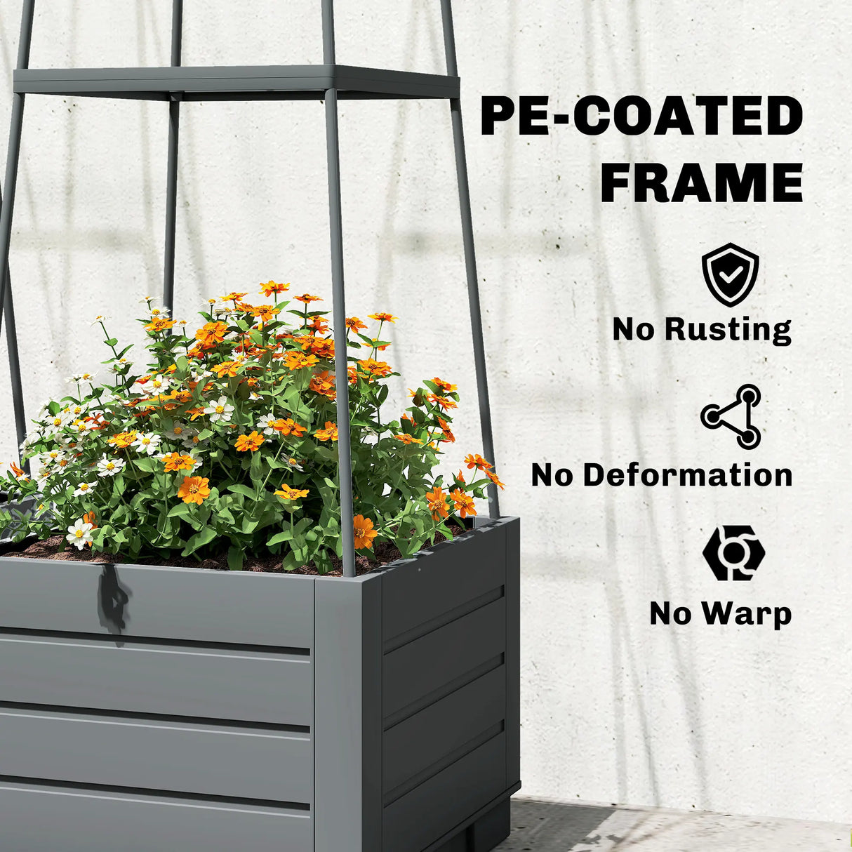 Outsunny 2 Pack Raised Garden Bed with Trellis, Plastic Outdoor Planter Box with Removable Drainage Tray