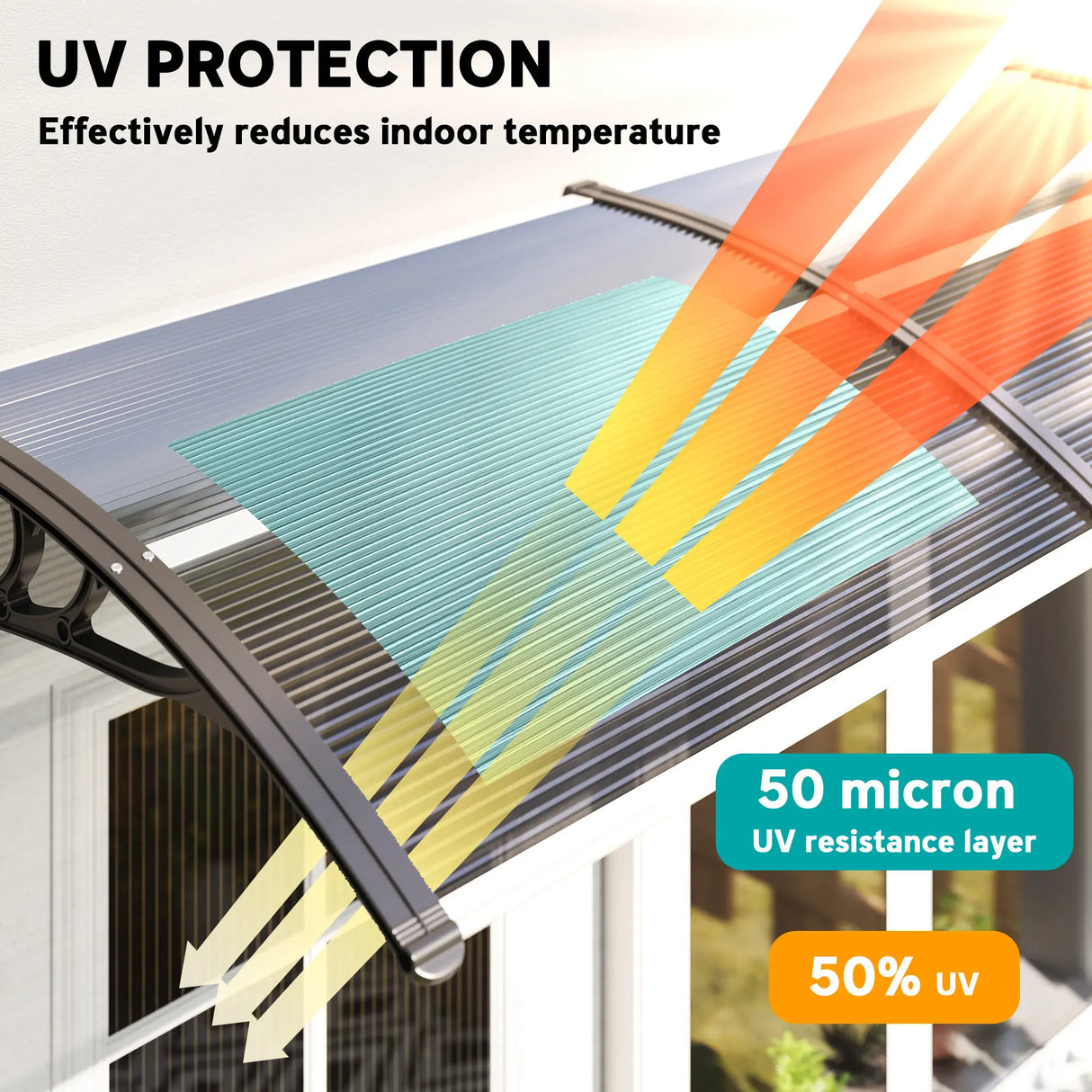 Outsunny Front Door Canopy Outdoor Awning Aluminium Rigid Plastic Polycarbonate Rain Shelter UV Water Rain Resistant 196 x 75cm Black