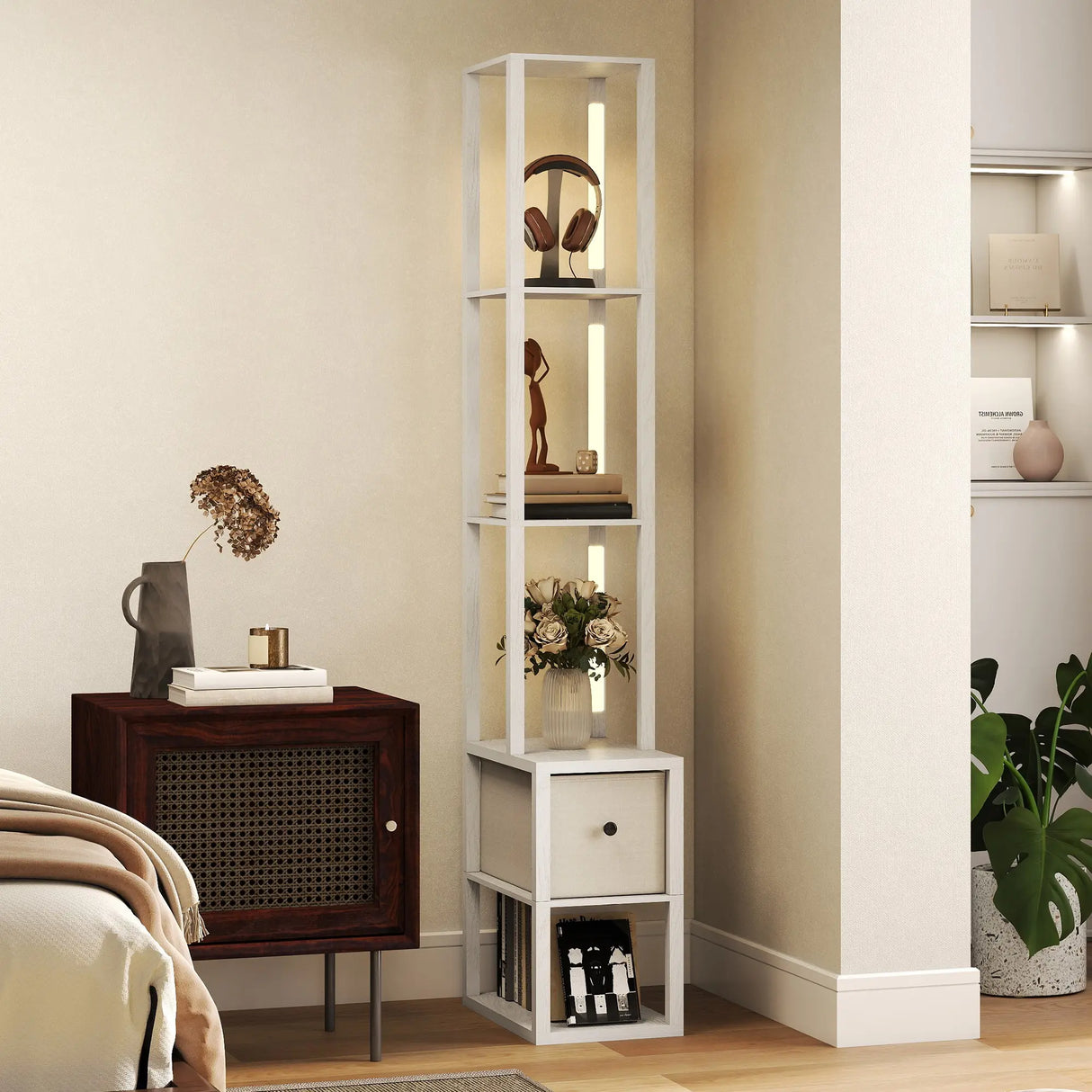 HOMCOM Floor Lamp with Shelves, LED Column Modern Standing Lamp with Fabric Drawer, Adjustable Brightness, Foot Switch for Living Room, Bedroom, Office, White