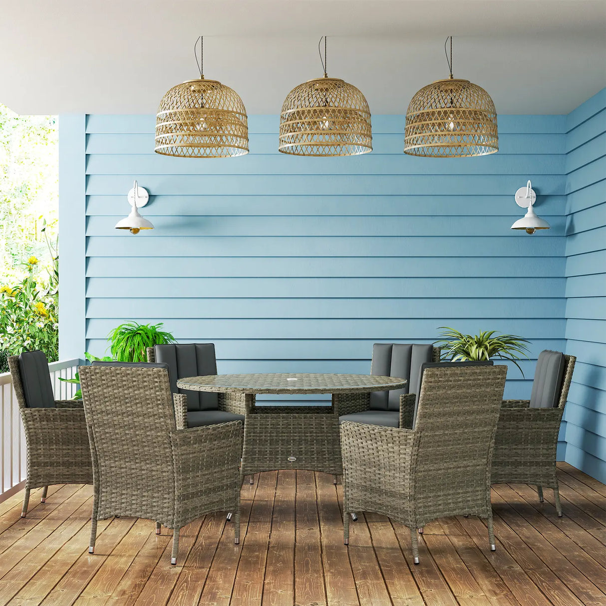 Outsunny Seven-Piece Rattan Dining Table, with Round Glass-Top Table - Light Grey