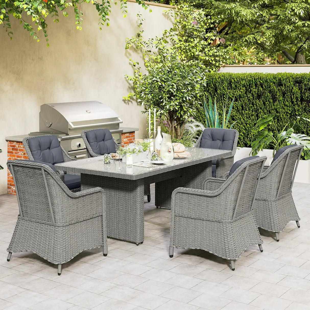 Outsunny Seven-Piece Rattan Dining Set - Mixed Grey