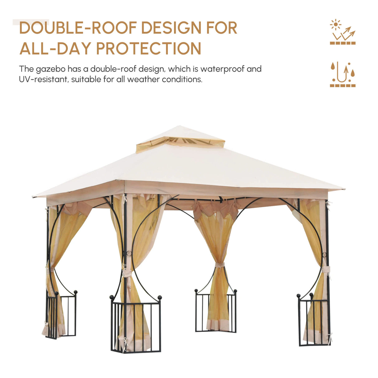 Outsunny 3 x 3(m) Garden Gazebo Patio Party Tent Shelter Outdoor Canopy Double Tier Sun Shade Metal Frame Netting, Beige