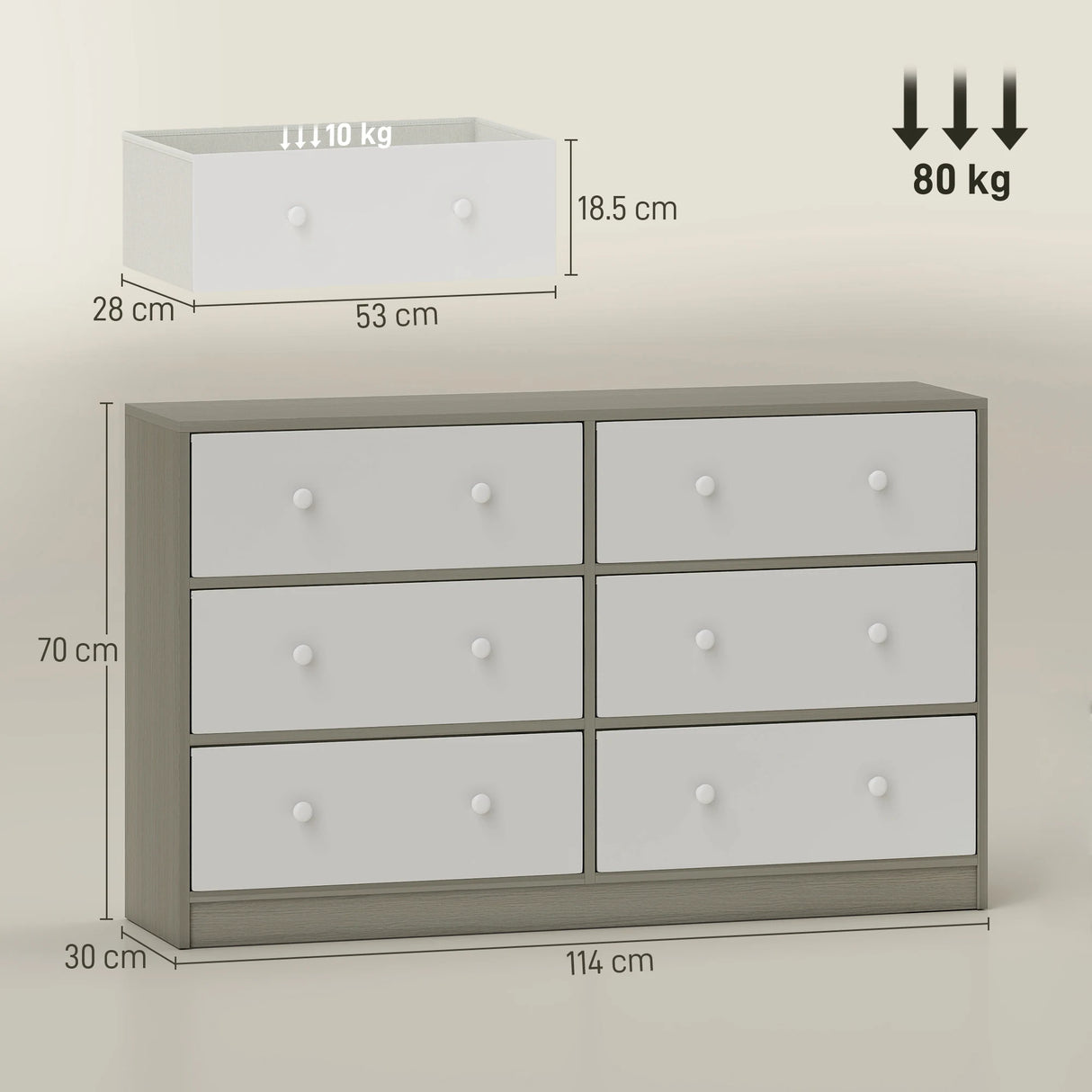 HOMCOM Chest of Drawers, Dresser with 6 Fabric Drawers - White and Grey