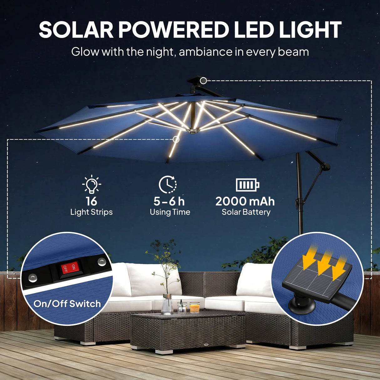 Outsunny 3 m Garden Cantilever Parasol with LED Solar Light, Round Overhanging Umbrella with 360 Rotation, Cover, Navy Blue