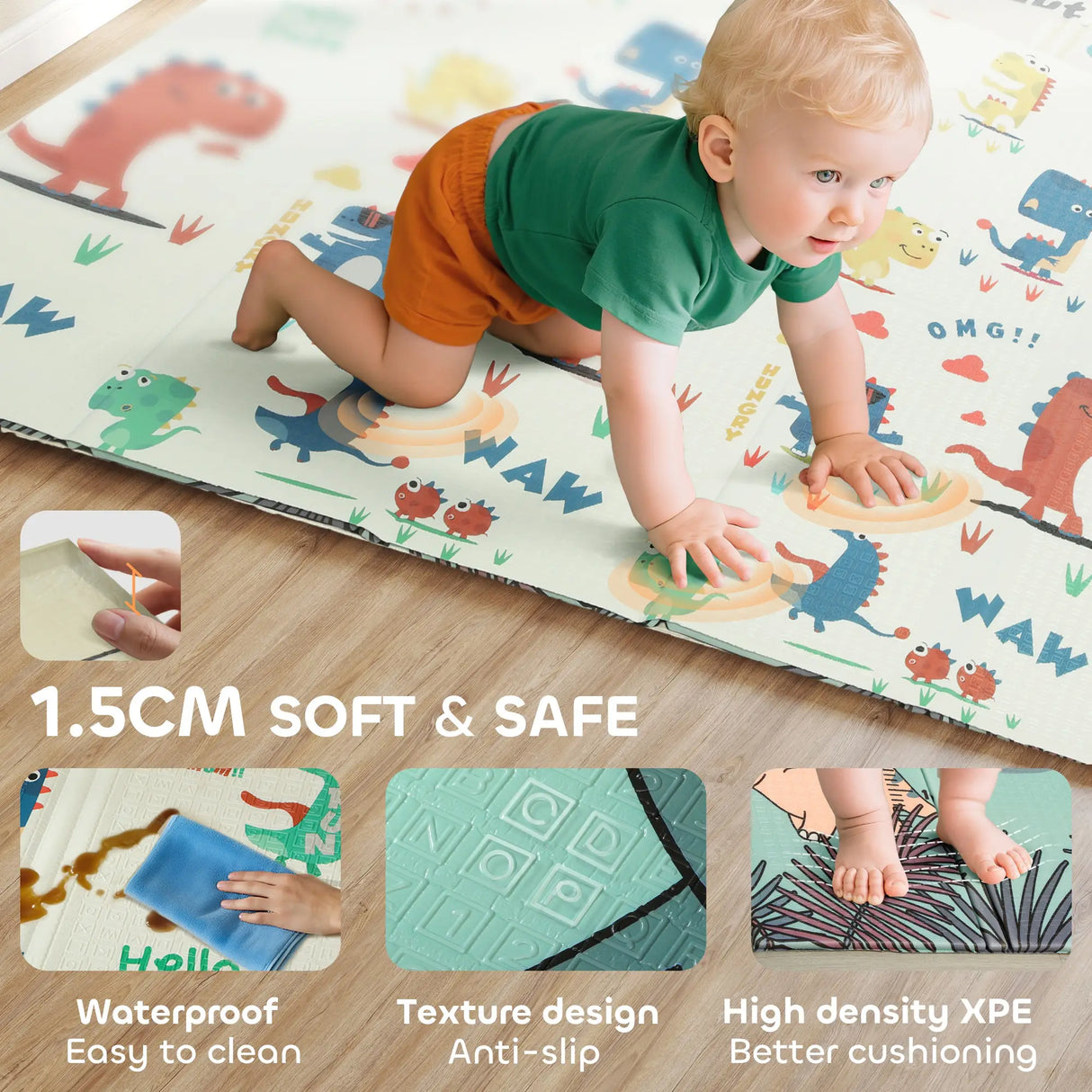 AIYAPLAY Dinosaur-Themed Baby Plat Mat Double Sided, Foldable, Water-Resistant for Outdoor/Indoor, 177 x 146 x 1.5cm