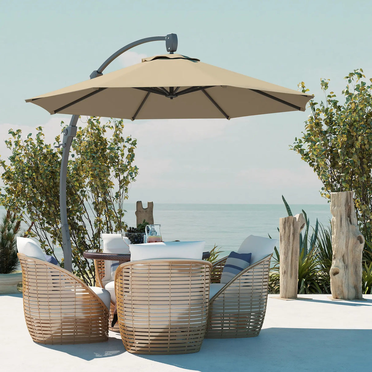 Outsunny 3(m) Garden Cantilever Parasol, Round Overhanging Umbrella with Crank Handle, Cross Base, Aluminium Frame and 360 Rotation, Banana Patio Umbrella for Outdoor Sun Shade, Khaki