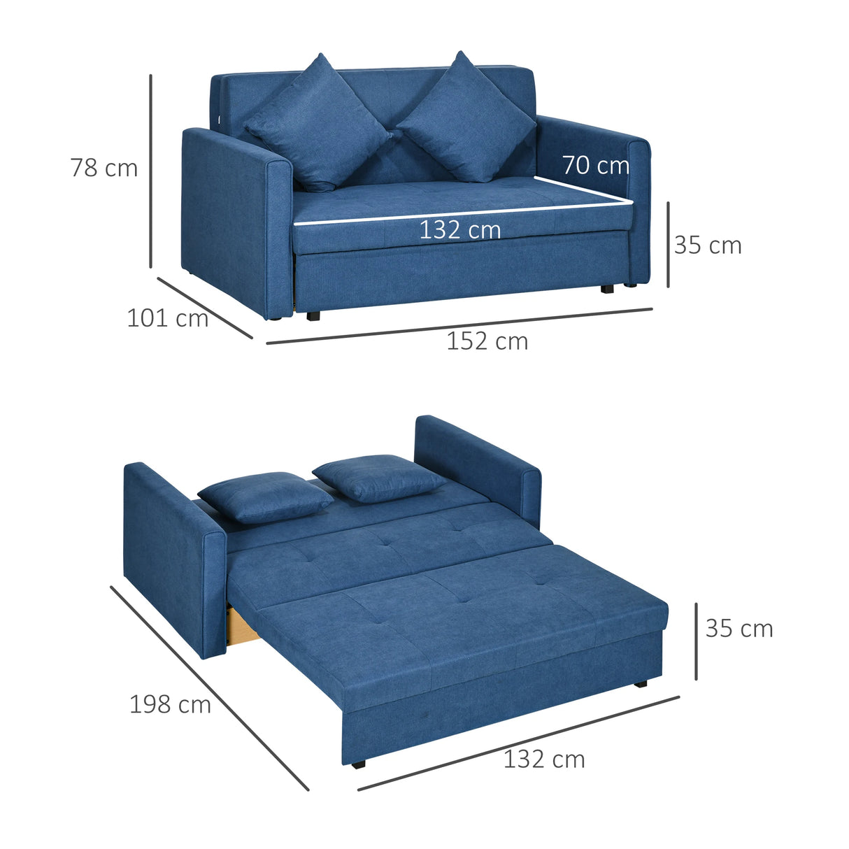 HOMCOM 2 Seater Sofa Bed, Convertible Bed Settee, Modern Velvet Loveseat Sofa Couch with 2 Cushions, Hidden Storage for Living Room, Guest Room, Deep Blue