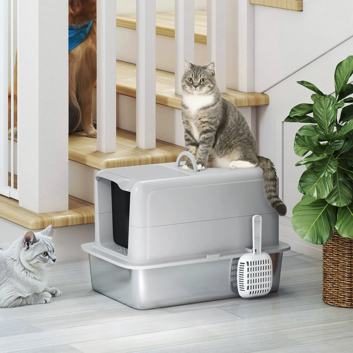 PawHut Stainless Steel Cat Litter Box with Removable Lid, Scoop, Filter Bags, for Larger Cats, Grey
