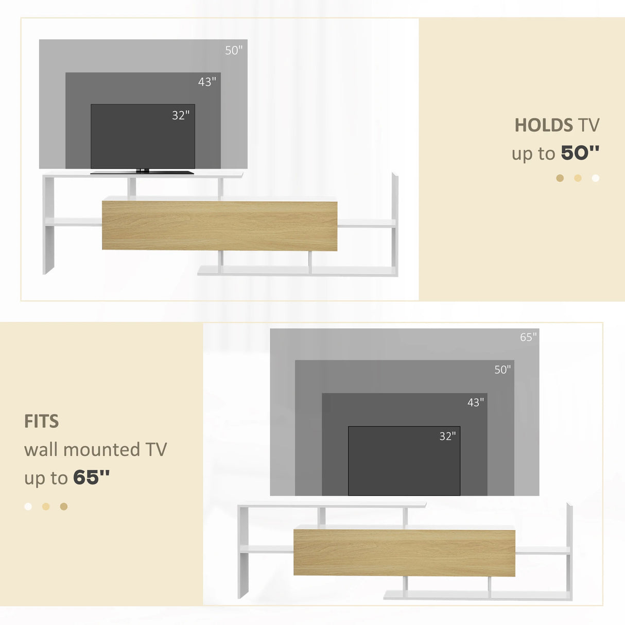 HOMCOM TV Cabinet with Wall Shelf for Wall-Mounted 65" TVs or Standing 40" TVs - White and Natural