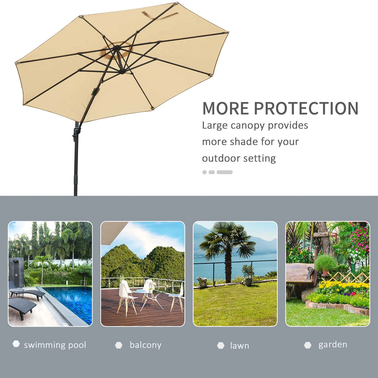 Outsunny Round Umbrella Parasol W/ Tilt 360 Rotation and Hand Crank Cross Base-Beige
