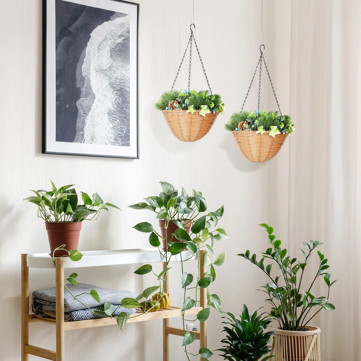 HOMCOM Pack of 2 Faux Plant Artificial Lisianthus Flowers, Hanging Planters with Basket, PE Leaves, 18 Flowers and 3 Pinecones, Decorative Faux Plants for Home Office Decor, Green