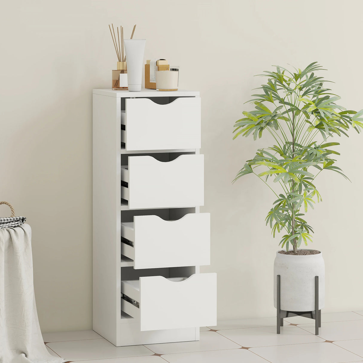 HOMCOM 4-Drawer Bathroom Cabinet, Freestanding Narrow Storage Cabinet with Groove Handles for Small Spaces, White