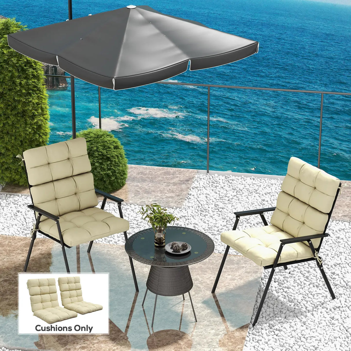Outsunny 2-Piece Seat Cushion Replacement with Backrest, Garden Patio Chair Cushions Set with Ties, Beige